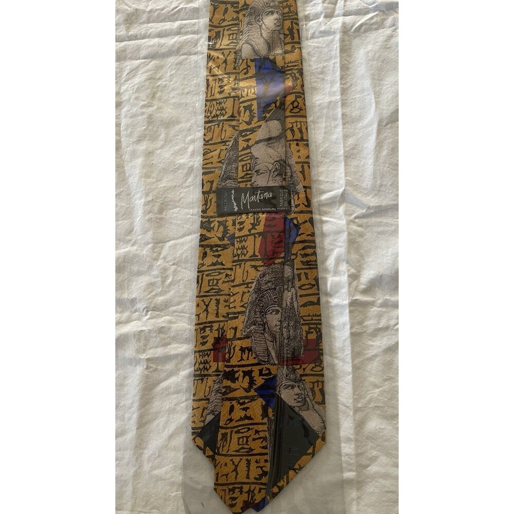 New Vintage Dead Stock 1980’sClaude Montana 100% Silk Tie in an Egyptian in Gold - Picture 3 of 3